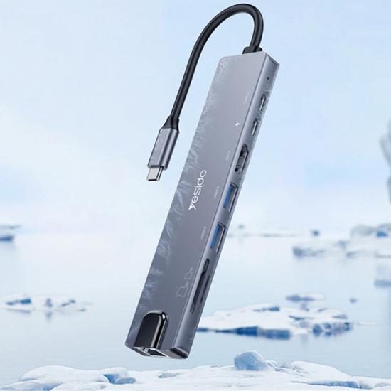 Yesido Docking Station 8in1 (HB27) Type C to 2x USB, 2x USB C, HDMI, RJ45, TF/SD, PD100W, Fast Charge, 4K@30Hz Gray