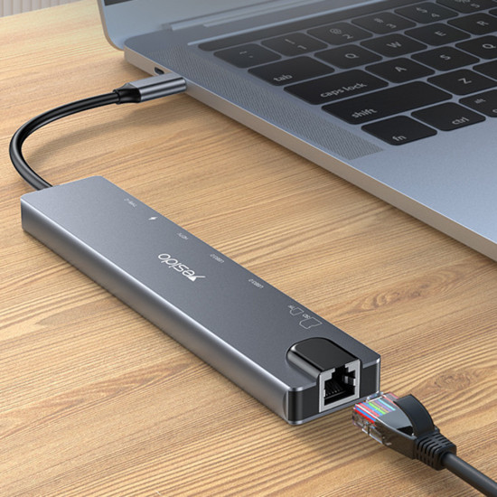 Yesido Docking Station 8in1 (HB27) Type C to 2x USB, 2x USB C, HDMI, RJ45, TF/SD, PD100W, Fast Charge, 4K@30Hz Gray