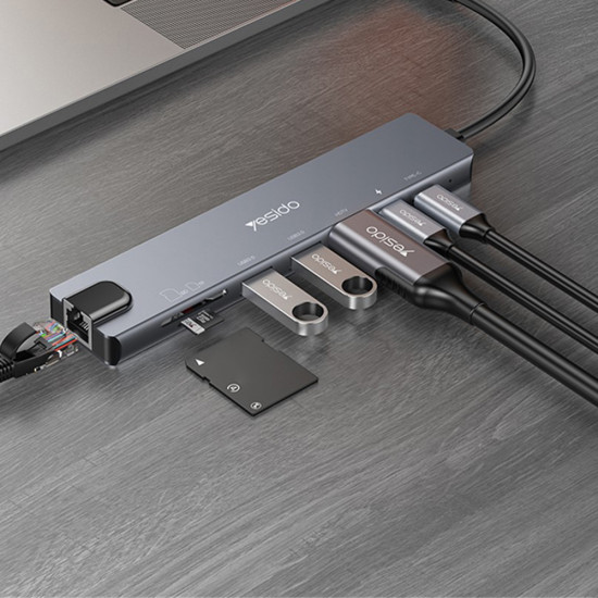 Yesido Docking Station 8in1 (HB27) Type C to 2x USB, 2x USB C, HDMI, RJ45, TF/SD, PD100W, Fast Charge, 4K@30Hz Gray