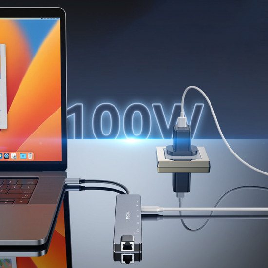 Yesido Docking Station 8in1 (HB27) Type C to 2x USB, 2x USB C, HDMI, RJ45, TF/SD, PD100W, Fast Charge, 4K@30Hz Gray