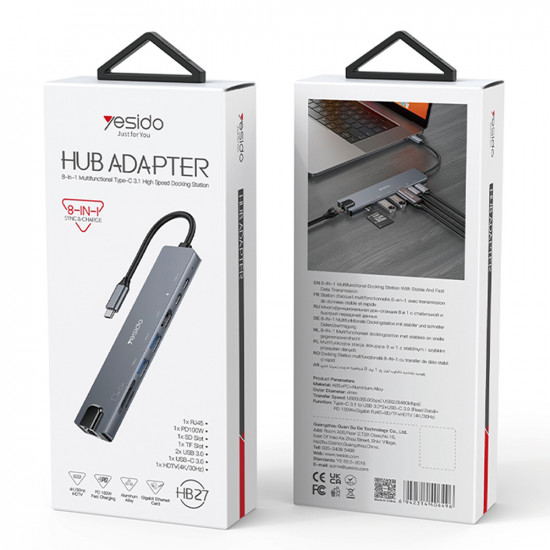 Yesido Docking Station 8in1 (HB27) Type C to 2x USB, 2x USB C, HDMI, RJ45, TF/SD, PD100W, Fast Charge, 4K@30Hz Gray
