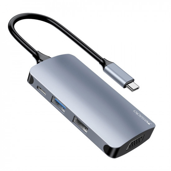 Yesido Docking Station 7in1 (HB16) Type C to 1x USB3.0, 2x USB2.0, TF/SD Card, 1x VGA, 1x Type C, 5Gbps, PD100W Gray