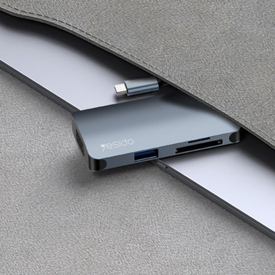 Yesido Docking Station 7in1 (HB16) Type C to 1x USB3.0, 2x USB2.0, TF/SD Card, 1x VGA, 1x Type C, 5Gbps, PD100W Gray