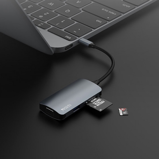 Yesido Docking Station 7in1 (HB16) Type C to 1x USB3.0, 2x USB2.0, TF/SD Card, 1x VGA, 1x Type C, 5Gbps, PD100W Gray
