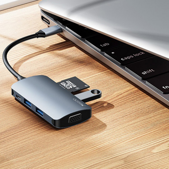 Yesido Docking Station 7in1 (HB16) Type C to 1x USB3.0, 2x USB2.0, TF/SD Card, 1x VGA, 1x Type C, 5Gbps, PD100W Gray