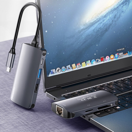Yesido Docking Station (HB15) Type C to 2x USB, USB C, SD/TF Card, RJ45, 1000Mbps, Plug & Play Gray