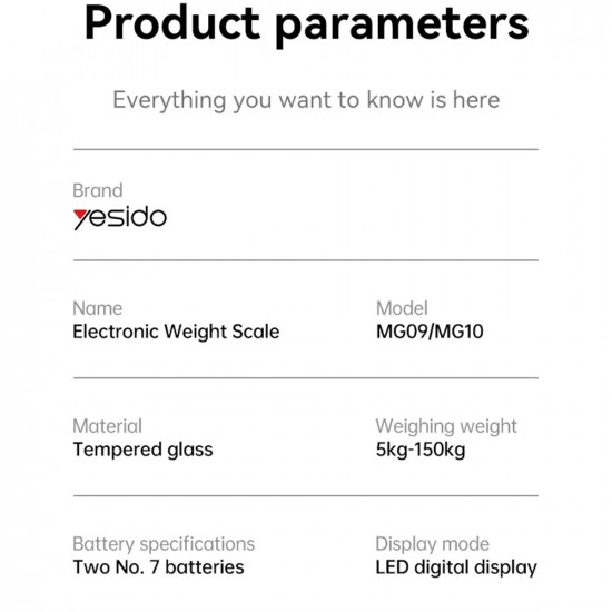 Yesido Digital Scale Body Weight (MG09) LED Display, Tempered Glass, 5 150kg Black