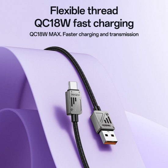 Yesido Data Cable (CA135C) USB to Type C, Fast Charging, QC18W, 3A, 480Mbps, CarPlay Compatible, Zinc Alloy, 1.2m Black