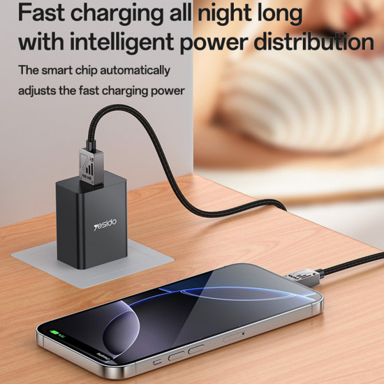 Yesido Data Cable (CA135C) USB to Type C, Fast Charging, QC18W, 3A, 480Mbps, CarPlay Compatible, Zinc Alloy, 1.2m Black
