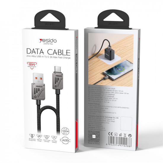 Yesido Data Cable (CA135C) USB to Type C, Fast Charging, QC18W, 3A, 480Mbps, CarPlay Compatible, Zinc Alloy, 1.2m Black