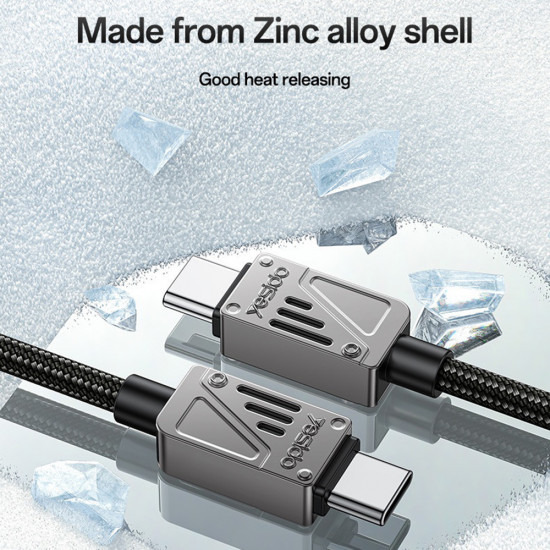 Yesido Data Cable (CA196) Type C to Type C, Fast Charging, 480Mbps, PD60W, CarPlay Compatible, Zinc Alloy, 1.2m Black