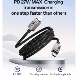 Yesido Data Cable (CA195) Type C to Lightning, Fast Charging, PD27W, CarPlay Compatible, Zinc Alloy, 1.2m Black Yesido Data Cable (CA195) Type C to Lightning, Fast Charging, PD27W, CarPlay Compatible, Zinc Alloy, 1.2m Black