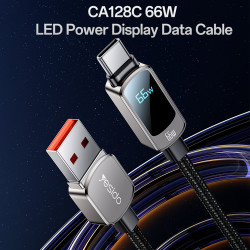 Yesido Data Cable (CA128C) with LED Power Display, USB to Type C, Fast Charge, 66W, 5A, 480Mbps, 1.2m Black