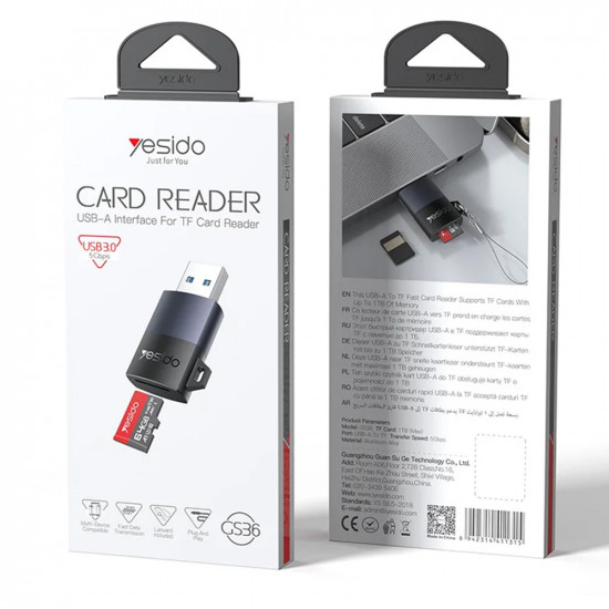 Yesido Card Reader (GS36) USB, High speed, Aluminum Alloy, Support 1TB, Plug and Play, TF Card Black
