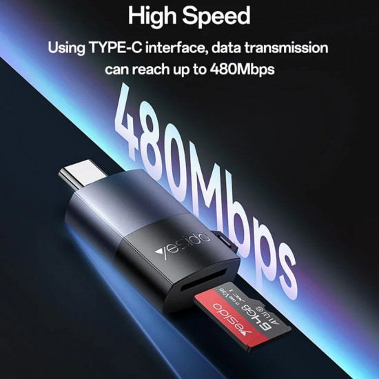 Yesido Card Reader (GS37) Type C, High speed, Aluminum Alloy, Support 1TB, Plug and Play, TF Card Black Yesido Card Reader (GS37) Type C, High speed, Aluminum Alloy, Support 1TB, Plug and Play, TF Card Black