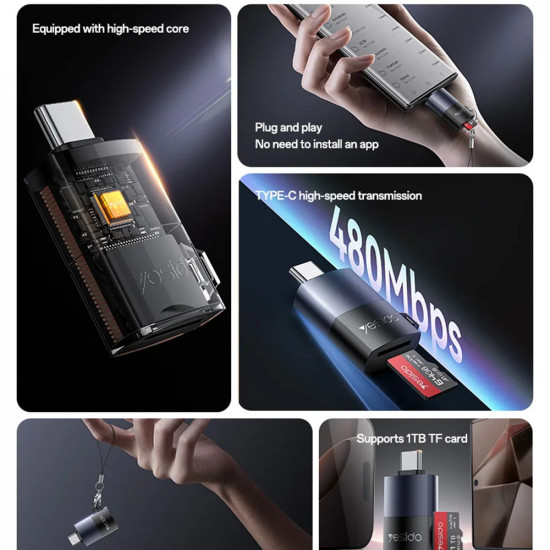 Yesido Card Reader (GS37) Type C, High speed, Aluminum Alloy, Support 1TB, Plug and Play, TF Card Black Yesido Card Reader (GS37) Type C, High speed, Aluminum Alloy, Support 1TB, Plug and Play, TF Card Black