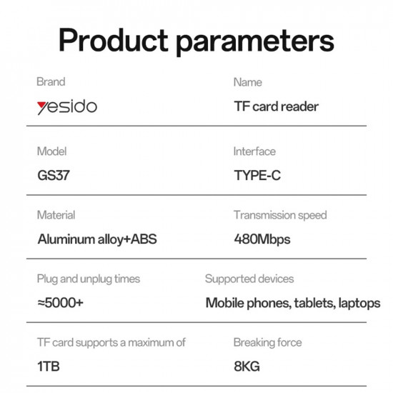 Yesido Card Reader (GS37) Type C, High speed, Aluminum Alloy, Support 1TB, Plug and Play, TF Card Black Yesido Card Reader (GS37) Type C, High speed, Aluminum Alloy, Support 1TB, Plug and Play, TF Card Black