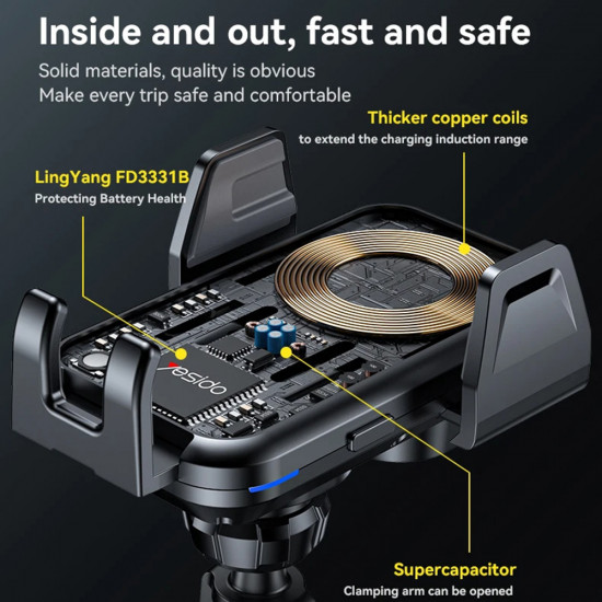 Yesido Car Holder with Wireless Charging (C312) for Air Vent, Automatic Clip, Smart Induction, 15W, 4.7 6.8inch Black Yesido Car Holder with Wireless Charging (C312) for Air Vent, Automatic Clip, Smart Induction, 15W, 4.7 6.8inch Black