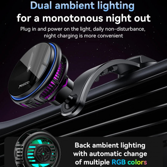 Yesido Car Holder with Wireless Charging (C311) for Dash, Semiconductor, Powerful Cooling, 2x Ambient Lights, 15W Black