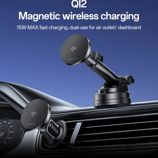 Yesido Car Holder with Wireless Charging (DS30) for Dashboard, Type C, 15W, Qi2.0 Black Yesido Car Holder with Wireless Charging (DS30) for Dashboard, Type C, 15W, Qi2.0 Black