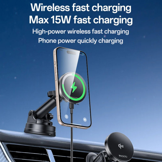 Yesido Car Holder with Wireless Charging (DS30) for Dashboard, Type C, 15W, Qi2.0 Black Yesido Car Holder with Wireless Charging (DS30) for Dashboard, Type C, 15W, Qi2.0 Black