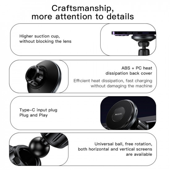 Yesido Car Holder with Wireless Charging (C190) for Windshield, 360°, Intelligent Identification, 15W Black