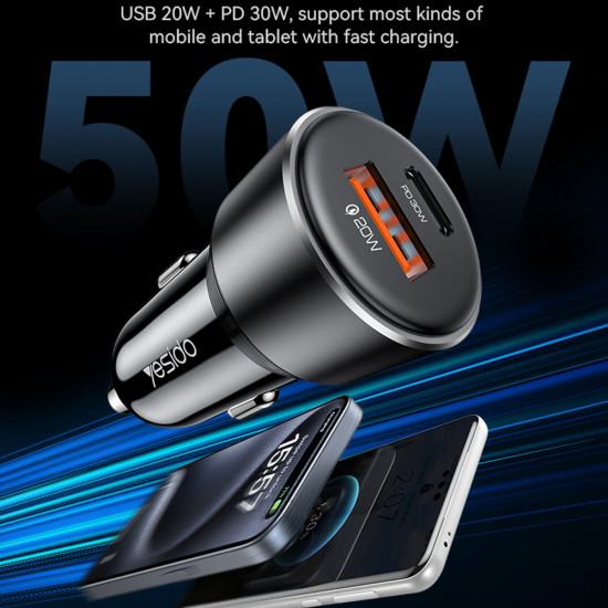 Yesido Car Charger (Y64) Dual Port USB A + Type C, 50W, Multi Protection, Fast Charging Black Yesido Car Charger (Y64) Dual Port USB A + Type C, 50W, Multi Protection, Fast Charging Black