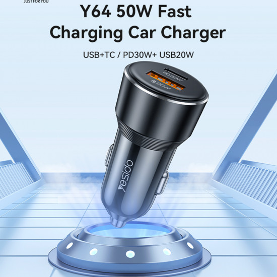 Yesido Car Charger (Y64) Dual Port USB A + Type C, 50W, Multi Protection, Fast Charging Black Yesido Car Charger (Y64) Dual Port USB A + Type C, 50W, Multi Protection, Fast Charging Black