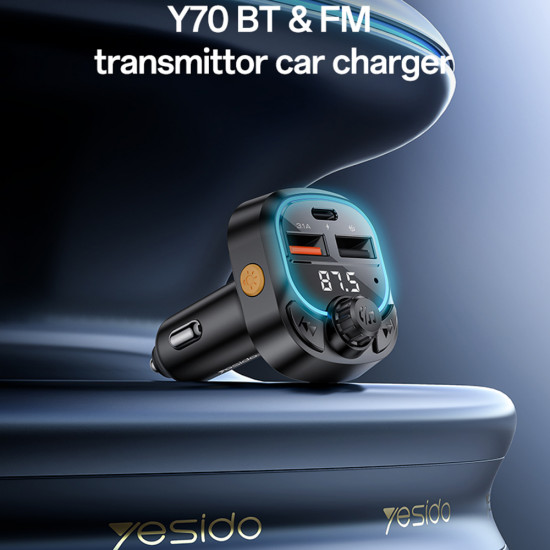 Yesido FM Modulator and Car Charger (Y70) Dual Port USB C + USB A, Bluetooth 5.3, 15W Black
