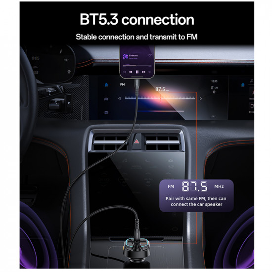 Yesido FM Modulator and Car Charger (Y70) Dual Port USB C + USB A, Bluetooth 5.3, 15W Black