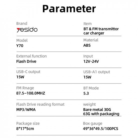Yesido FM Modulator and Car Charger (Y70) Dual Port USB C + USB A, Bluetooth 5.3, 15W Black