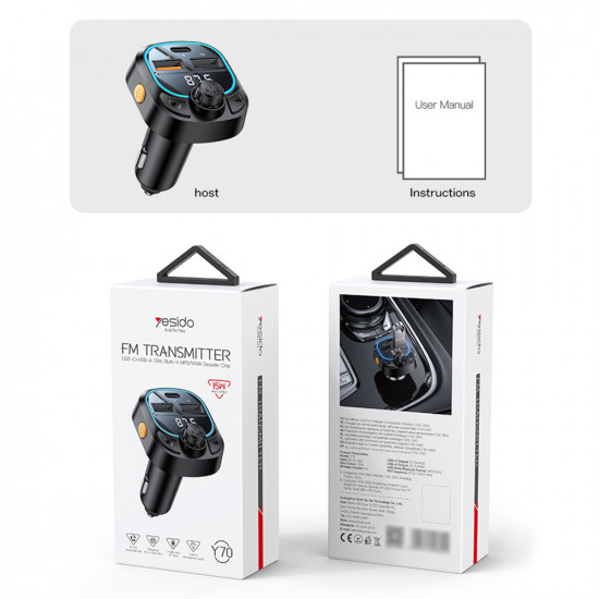 Yesido FM Modulator and Car Charger (Y70) Dual Port USB C + USB A, Bluetooth 5.3, 15W Black
