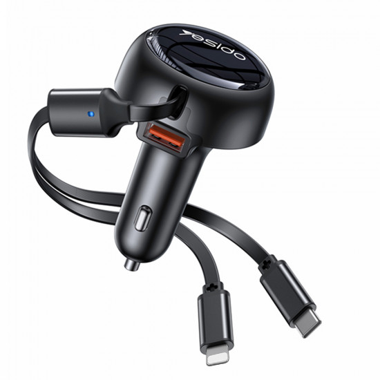 Yesido Car Charger (Y61) with 2x Telescopic Retractable Cable Type C/Lightning, Fast Charging, USB A, 53W Black