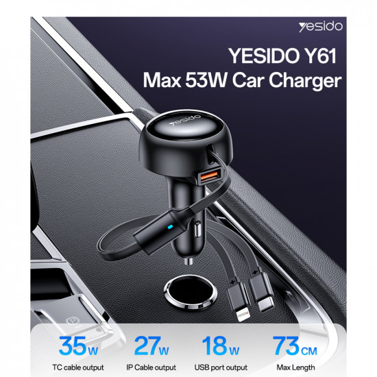 Yesido Car Charger (Y61) with 2x Telescopic Retractable Cable Type C/Lightning, Fast Charging, USB A, 53W Black