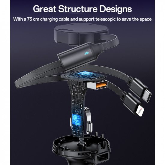 Yesido Car Charger (Y61) with 2x Telescopic Retractable Cable Type C/Lightning, Fast Charging, USB A, 53W Black