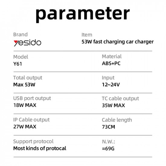 Yesido Car Charger (Y61) with 2x Telescopic Retractable Cable Type C/Lightning, Fast Charging, USB A, 53W Black