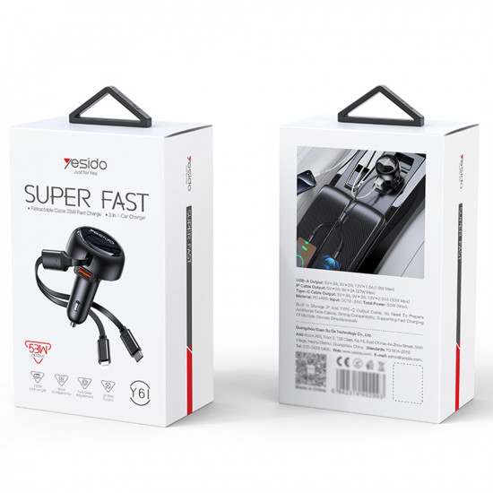 Yesido Car Charger (Y61) with 2x Telescopic Retractable Cable Type C/Lightning, Fast Charging, USB A, 53W Black