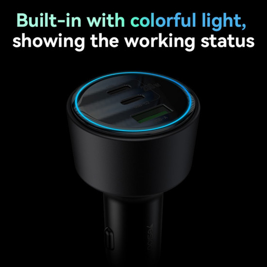 Yesido Car Charger (Y59) 2x Type C, USB A, 200W, Fast Charging, Multi Protection, Built in Colorful Light Black Yesido Car Charger (Y59) 2x Type C, USB A, 200W, Fast Charging, Multi Protection, Built in Colorful Light Black