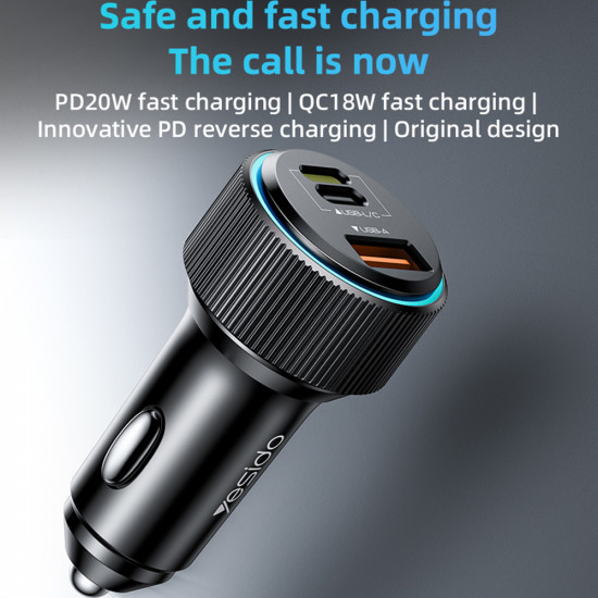 Yesido Car Charger (Y60) Cable Type C to Lightning Included, Lightning/USB A/USB C Ports, 38W, Fast Charging Black