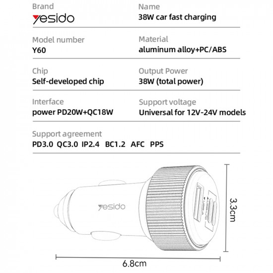 Yesido Car Charger (Y60) Cable Type C to Lightning Included, Lightning/USB A/USB C Ports, 38W, Fast Charging Black