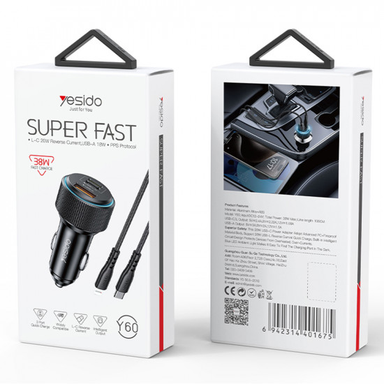 Yesido Car Charger (Y60) Cable Type C to Lightning Included, Lightning/USB A/USB C Ports, 38W, Fast Charging Black