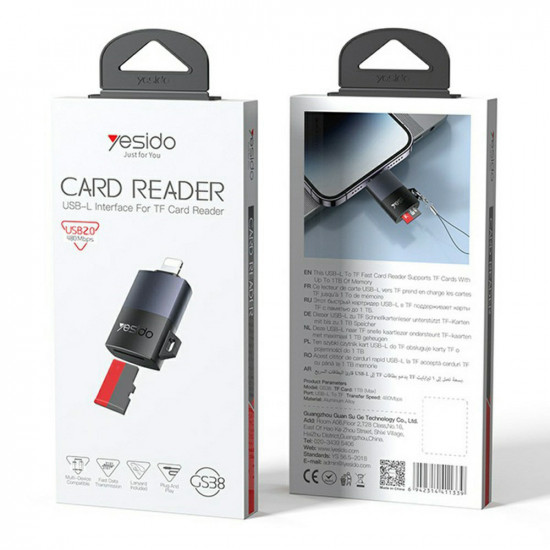 Yesido Adapter (GS38) Lightning to TF Card, for iPhone, iPad, 480Mbps, 4K, LED indicator Gray