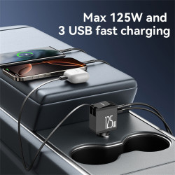 Yesido 4in1 Car Charger (Y71) with Type C Retractable Cable + Lightning Adapter, Dual Port USB A + Type C, 125W, LED Display Black