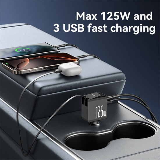 Yesido 4in1 Car Charger (Y71) with Type C Retractable Cable + Lightning Adapter, Dual Port USB A + Type C, 125W, LED Display Black