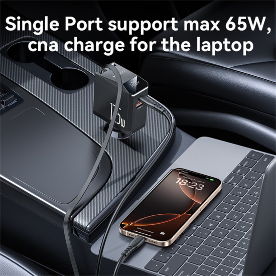 Yesido 4in1 Car Charger (Y71) with Type C Retractable Cable + Lightning Adapter, Dual Port USB A + Type C, 125W, LED Display Black