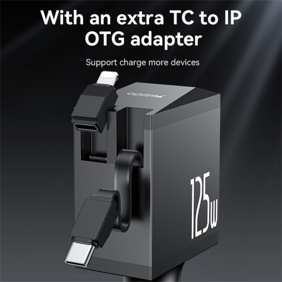 Yesido 4in1 Car Charger (Y71) with Type C Retractable Cable + Lightning Adapter, Dual Port USB A + Type C, 125W, LED Display Black