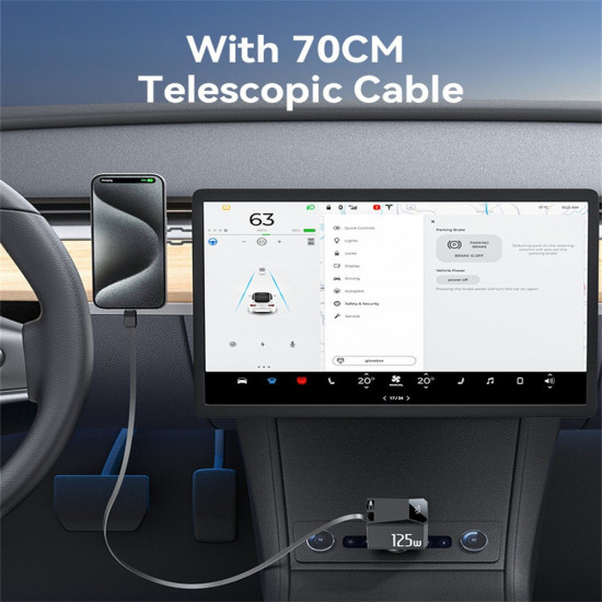 Yesido 4in1 Car Charger (Y71) with Type C Retractable Cable + Lightning Adapter, Dual Port USB A + Type C, 125W, LED Display Black