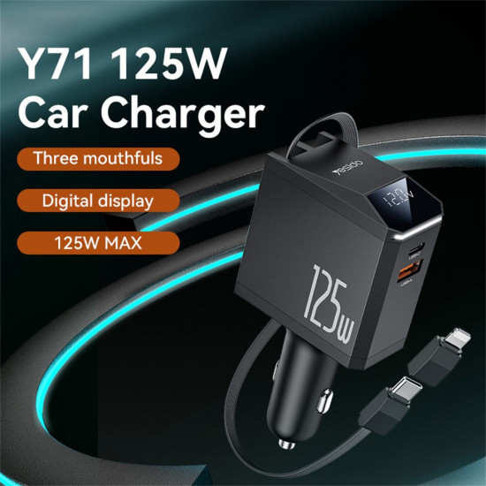 Yesido 4in1 Car Charger (Y71) with Type C Retractable Cable + Lightning Adapter, Dual Port USB A + Type C, 125W, LED Display Black