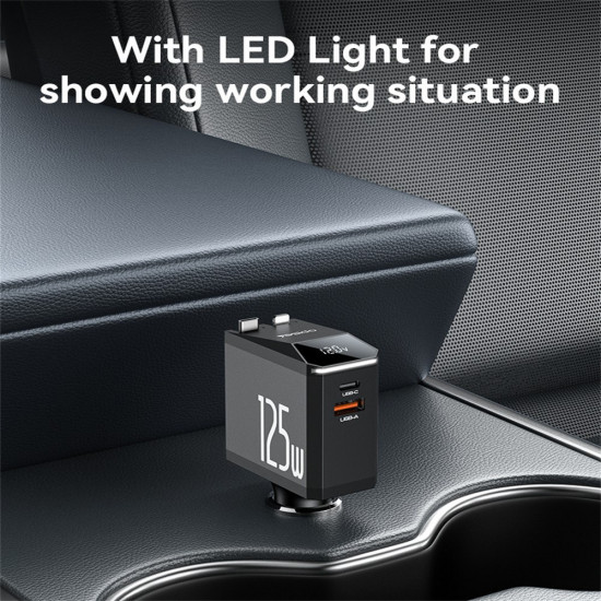 Yesido 4in1 Car Charger (Y71) with Type C Retractable Cable + Lightning Adapter, Dual Port USB A + Type C, 125W, LED Display Black