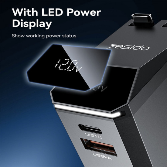 Yesido 4in1 Car Charger (Y71) with Type C Retractable Cable + Lightning Adapter, Dual Port USB A + Type C, 125W, LED Display Black